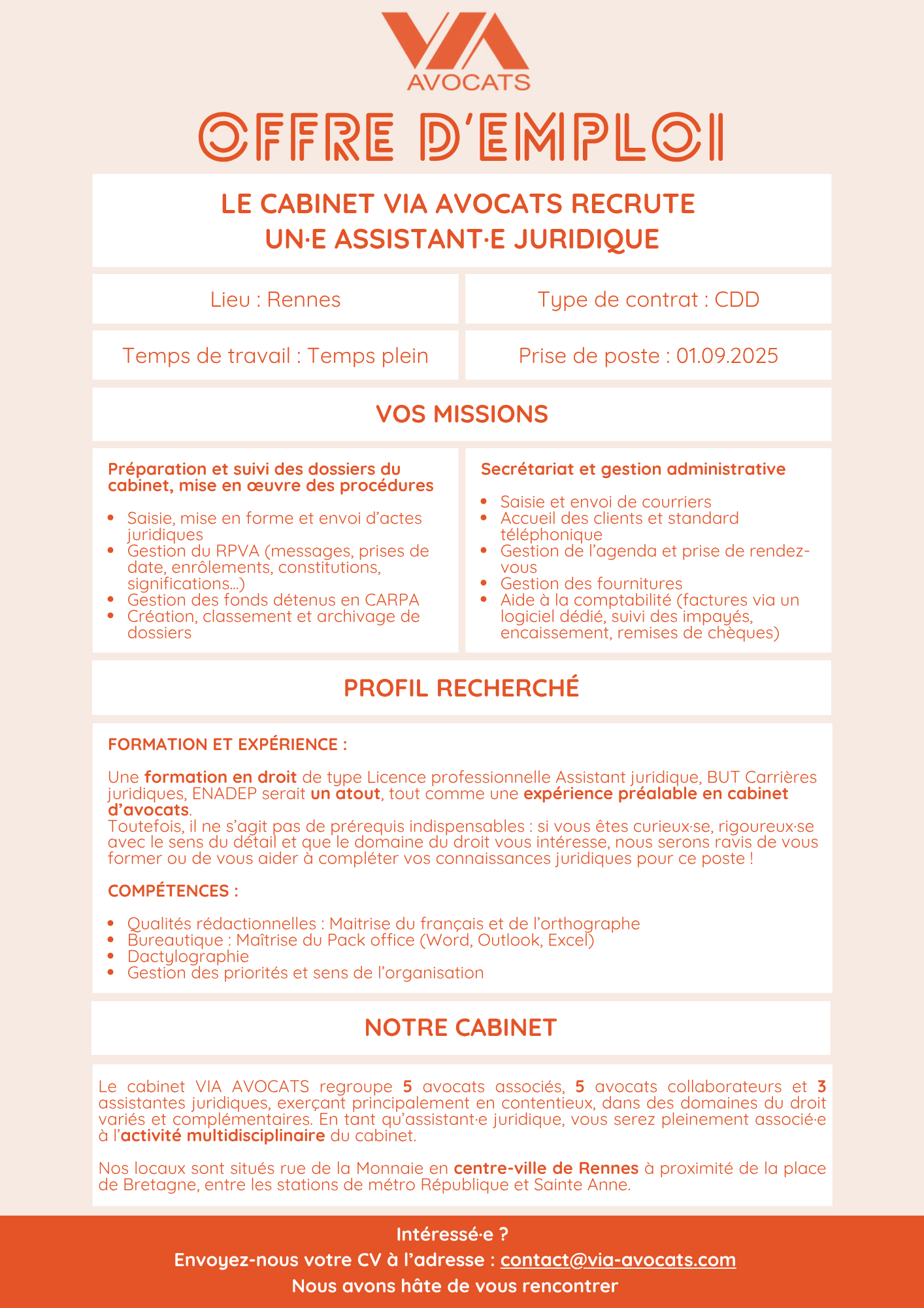 Le cabinet via avocats recrute  un·e ASSISTANT·E JURIDIQUE